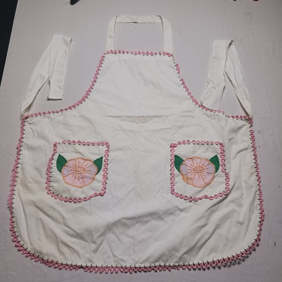 VTG Apron Floral Handmade Embroidered Pockets Bib Smock Pink Cottage farmcore - Picture 2 of 13